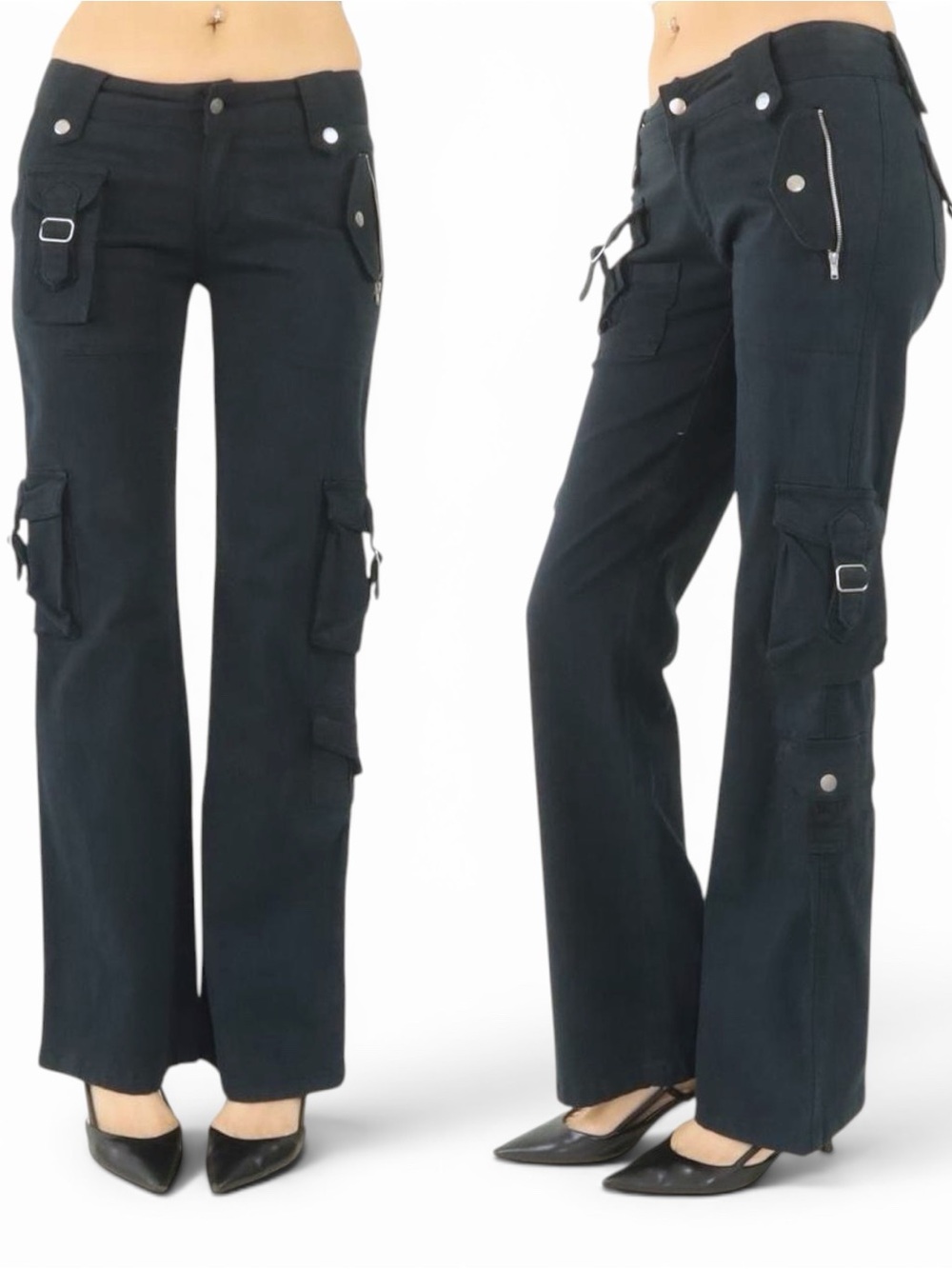 Y2K Better Be Black Navy Low Rise Multi Pocket Zipper Cargo Pants